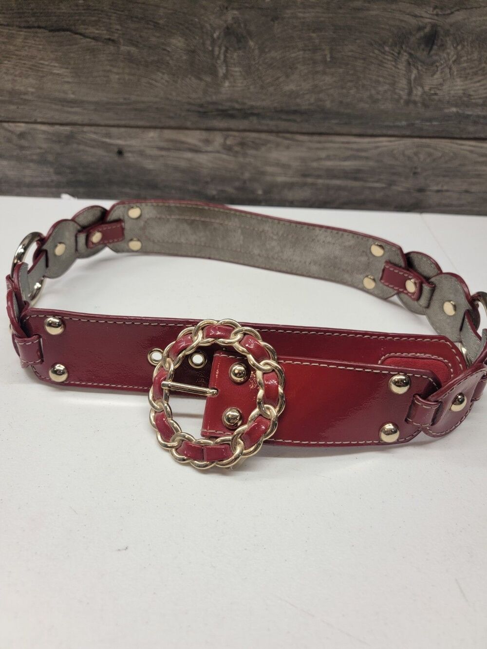 Vintage Kathy Van Zeeland Red Belt Gold Metal Chain Buckle Studs O Rings Sz.M
